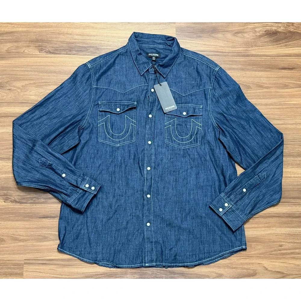 True Religion Mens Dark Wash Western Pearl Snap Shirt Indigo Denim Sz XL